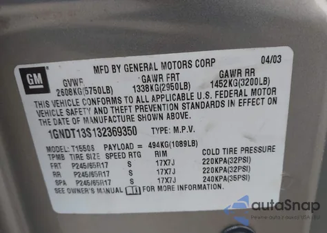 2003 Chevrolet Trailblazer Lt from USA, damaged, VIN 1GNDT13S132369350